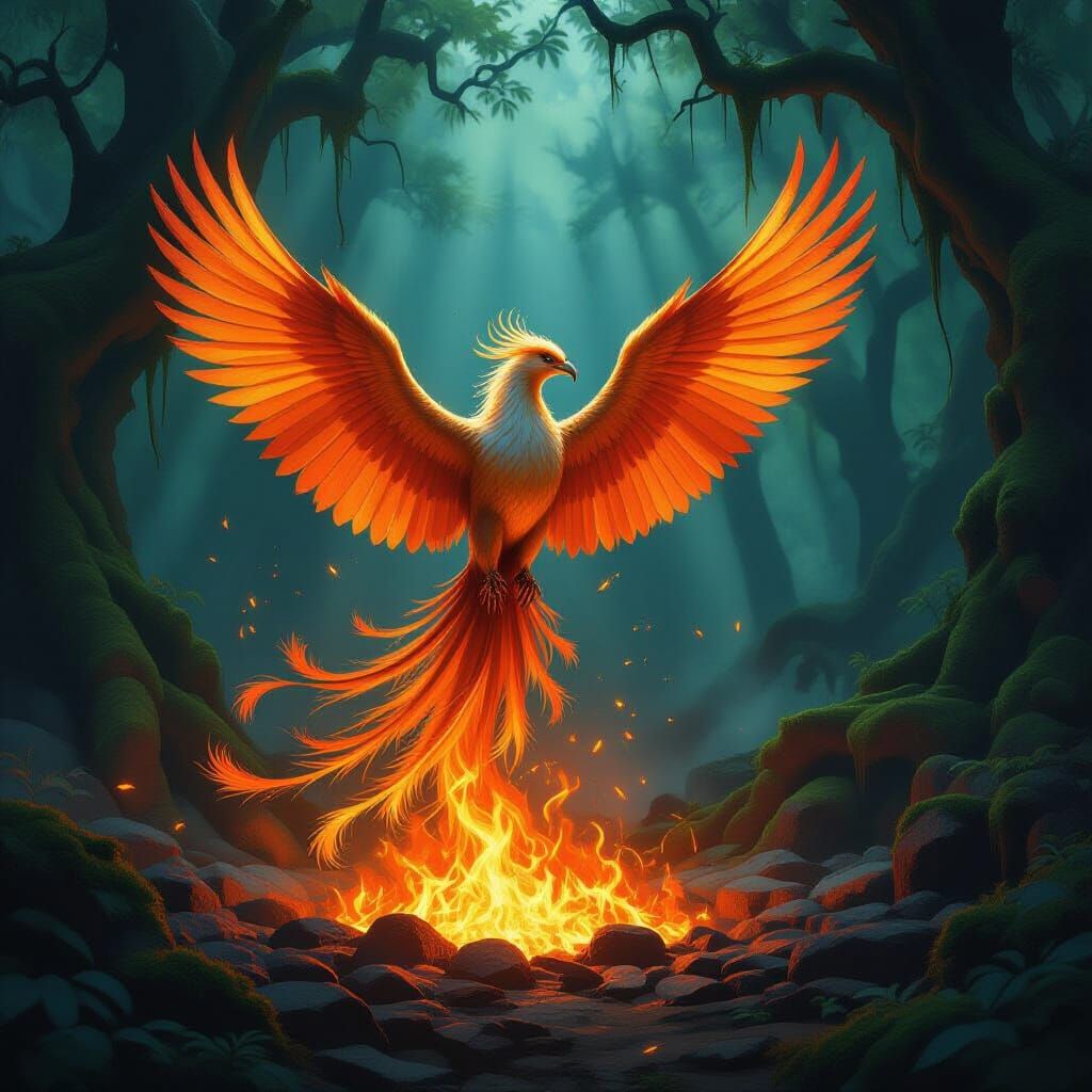Majestic Phoenix Rises From Embers in Dark Fantasy Forest