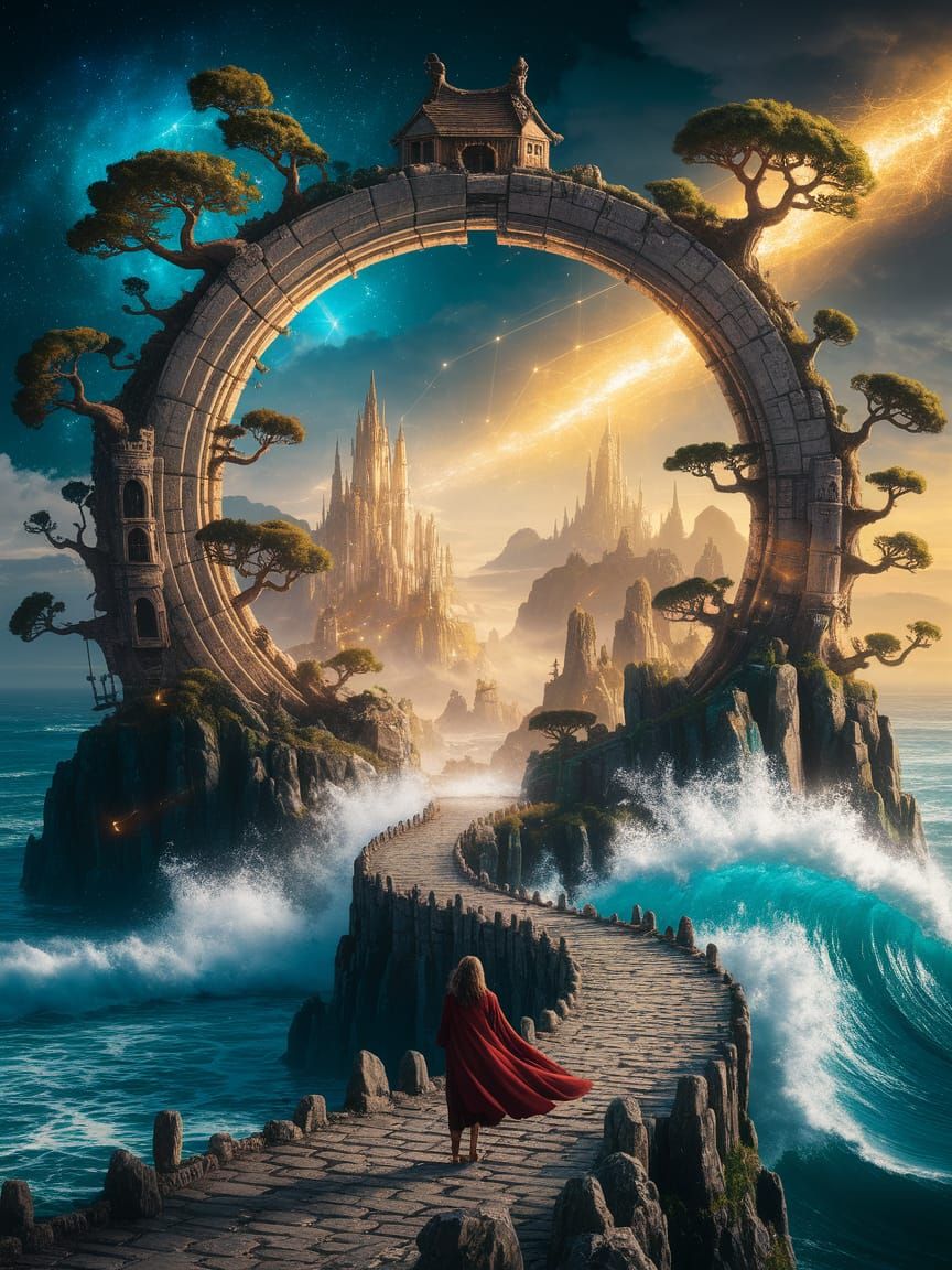 Surreal Fantasy Landscape with Enchanted Archway and Whimsic...