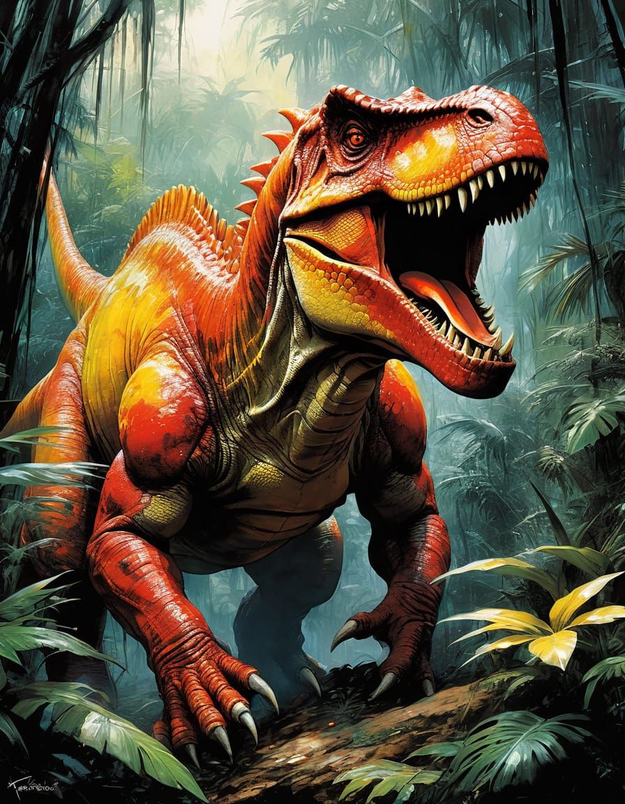 Dinosaur in Jurassic Jungle, Abstract Art Style