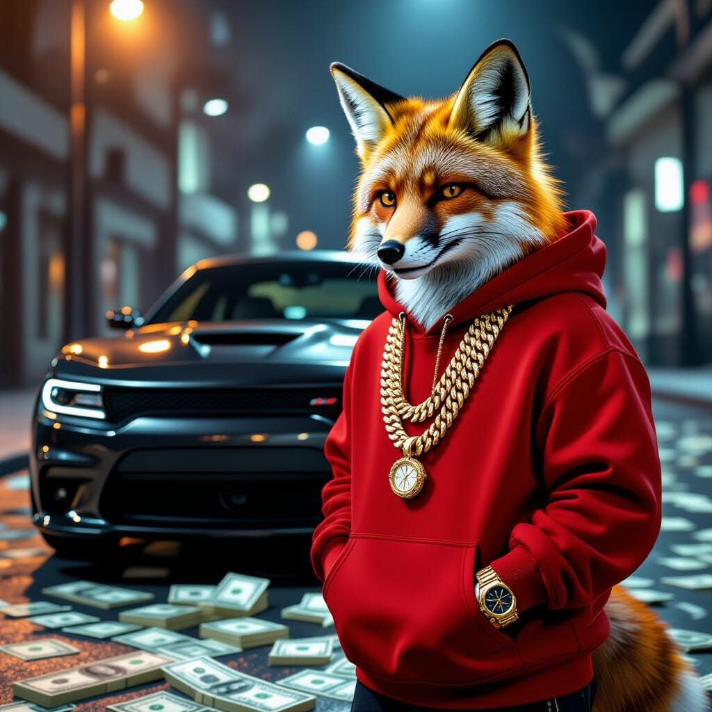 Fox in Red Hoodie With Gold Chains and Dodge Charger