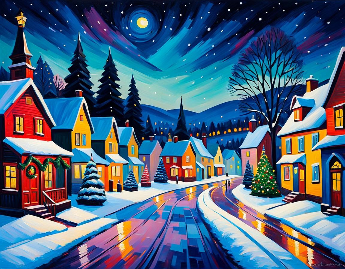 Christmas Village at Night in Expressionist Oil Painting