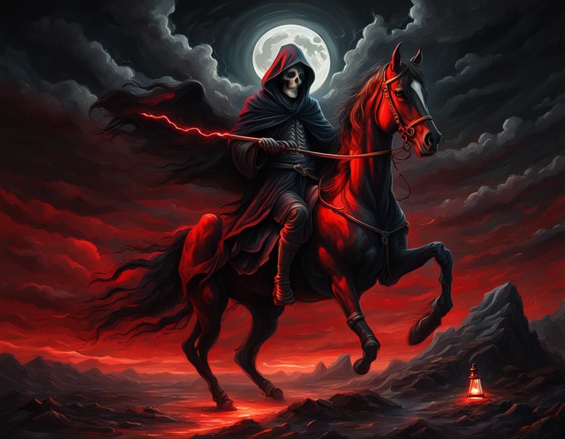 Grim Reaper on Black Horse in Oil Painting