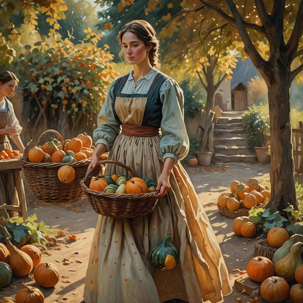 Impressionist Woman With Basket of Gourds