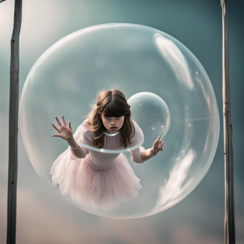 Girl trapped in bubble hovering a few feet above the ground.