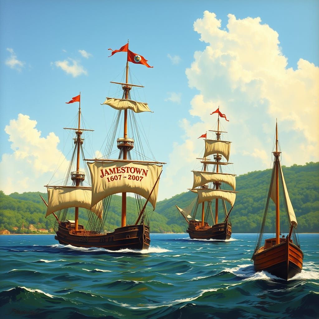 Three 17th-Century Ships Sail to Jamestown in Oil Painting S...