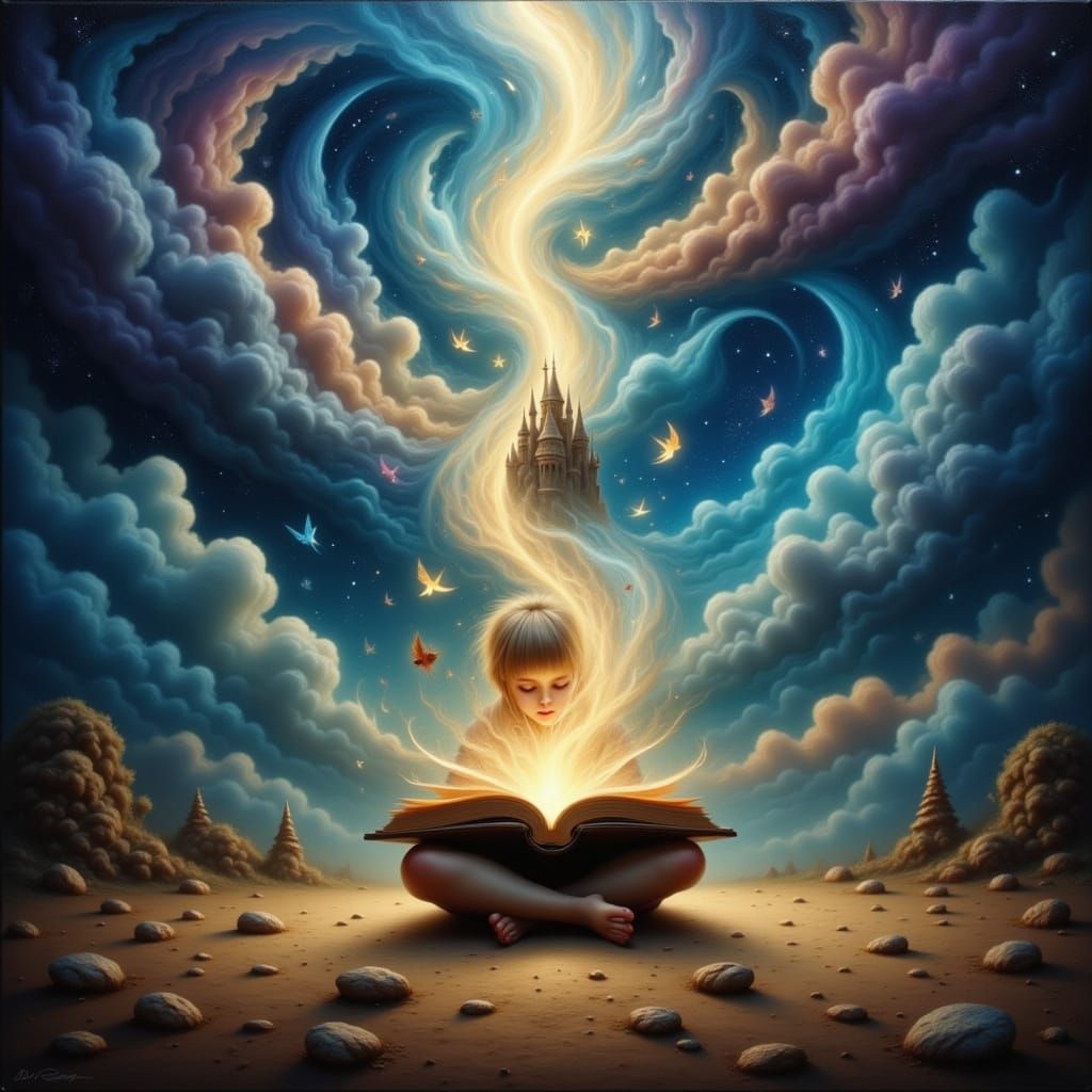 Child Discovering Magical Worlds Through an Open Book
