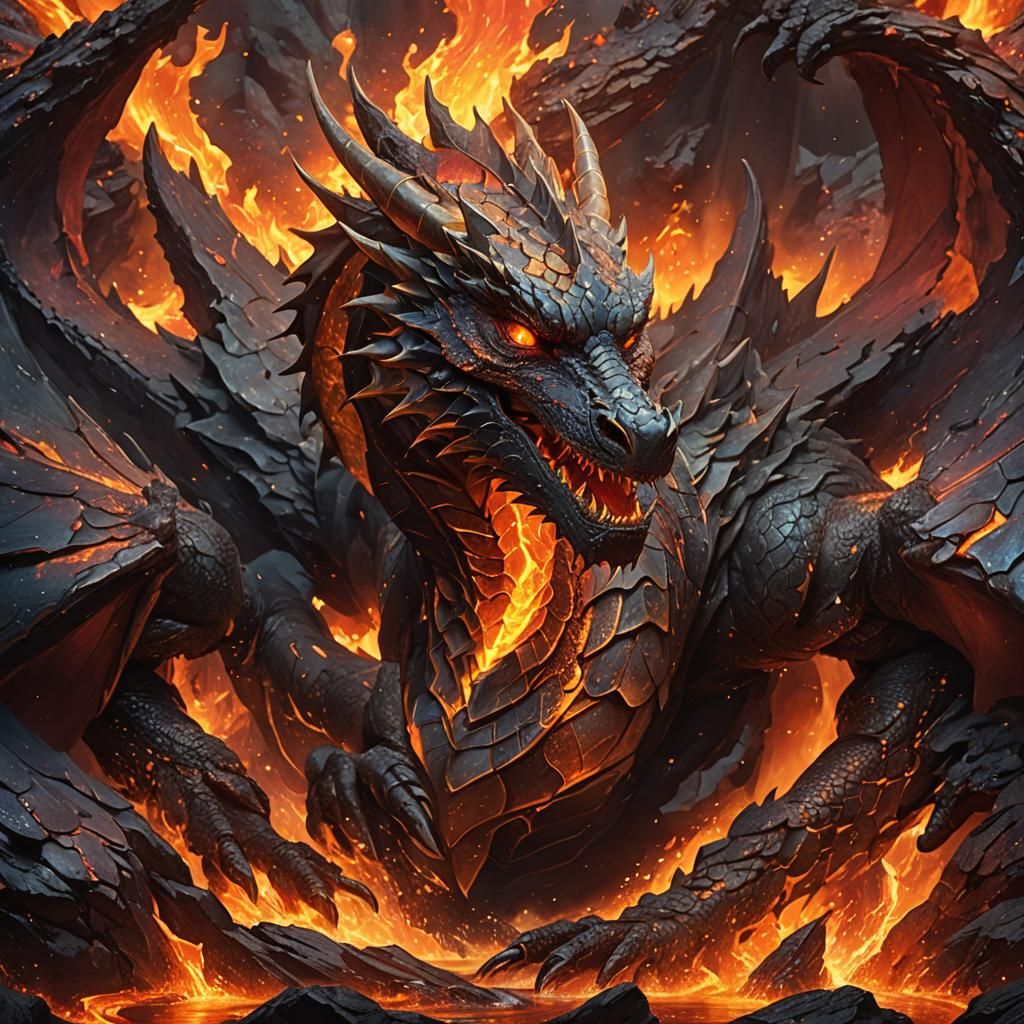 Dragon Rising from Lava Lake in Oil Painting Style