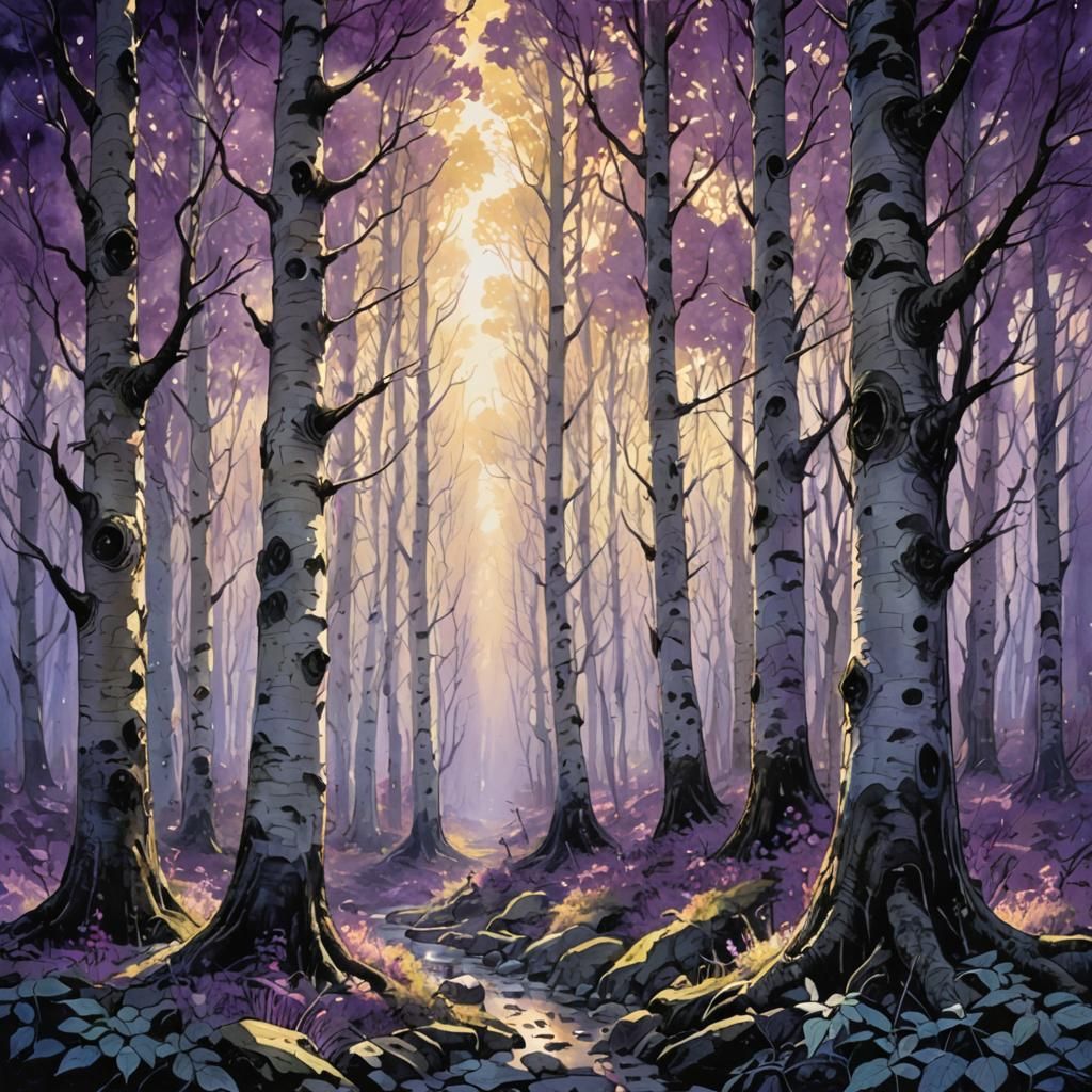 Mystical Amethyst Light in High Fantasy Birch Forest