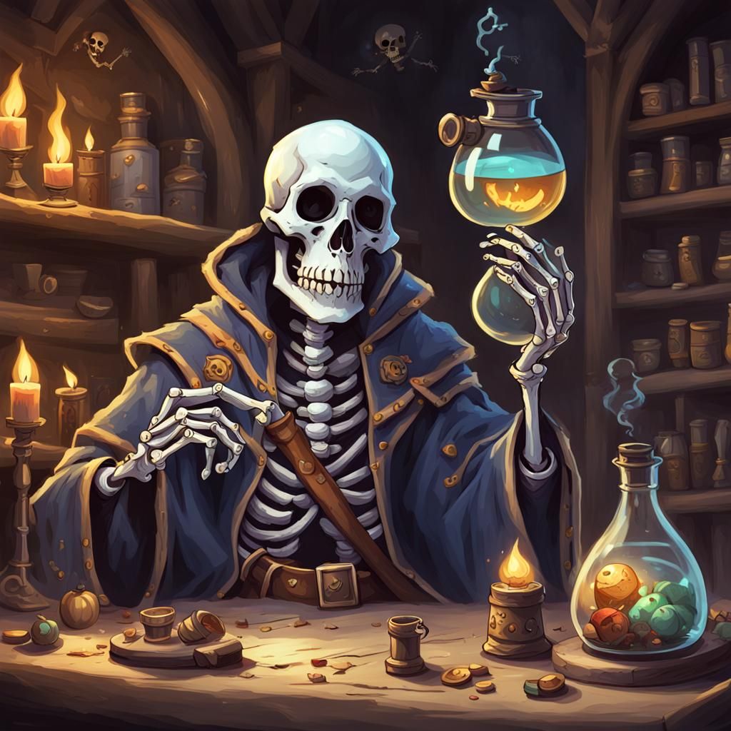 Goofy Skeleton Alchemist in Fantasy Setting