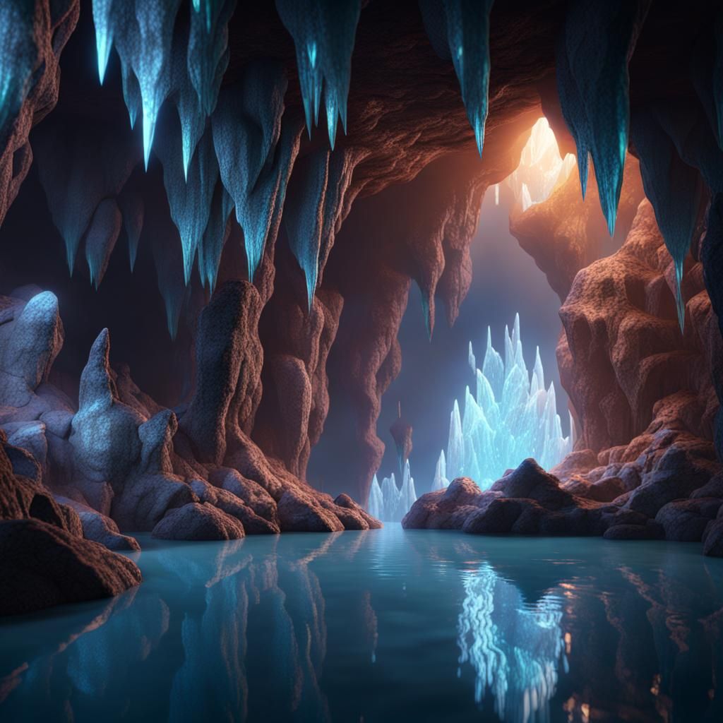 Underground crystal cave sparkling with water