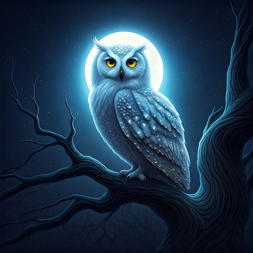 Regal Owl with Silver Plumage in Ethereal Moonlight