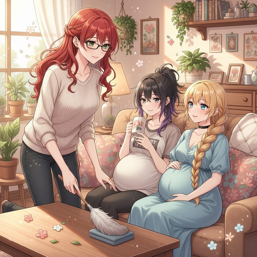 Shoujo Anime Art: Pregnant Wives Cared For By Kind Redhead