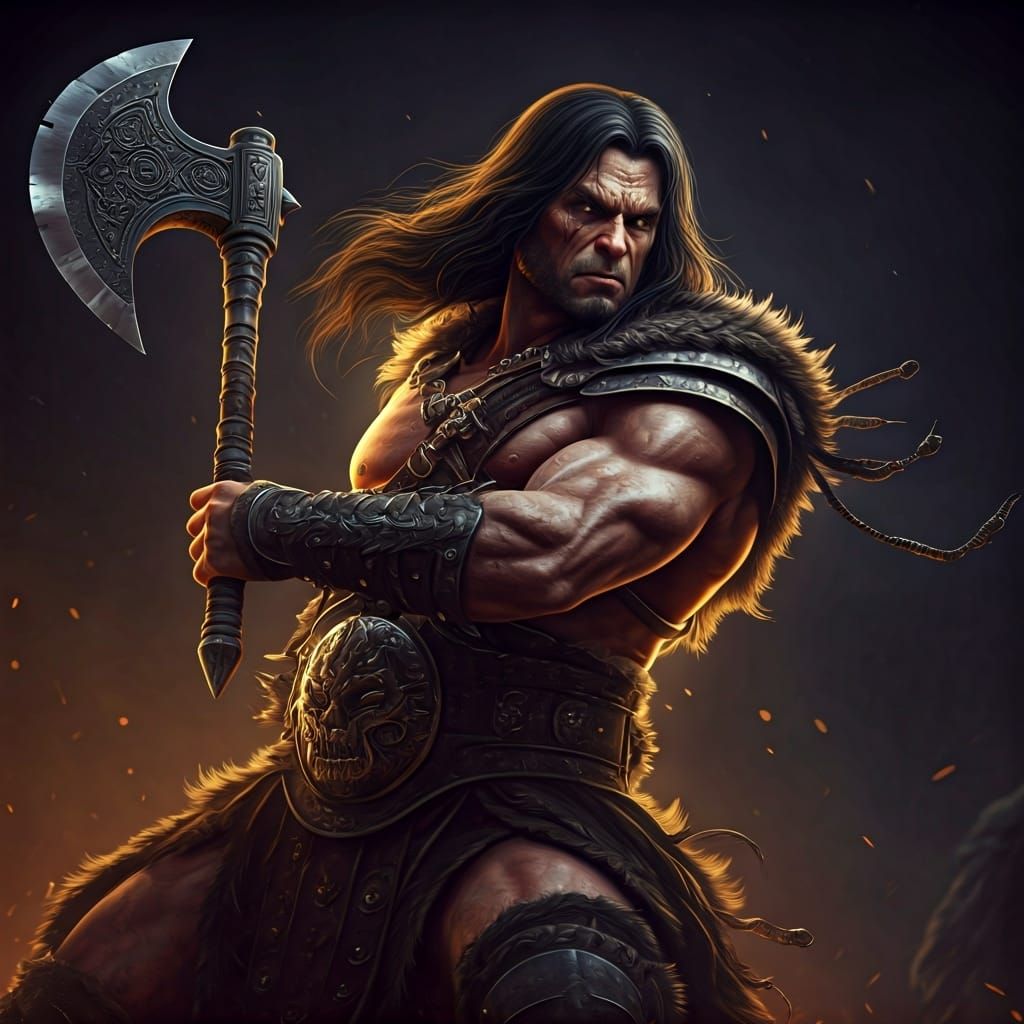Barbarian Axe Fight in Frazetta Style