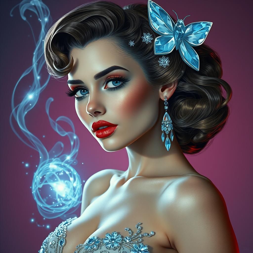 Surreal Pin-Up Girl in 1940s Mixed-Media Style