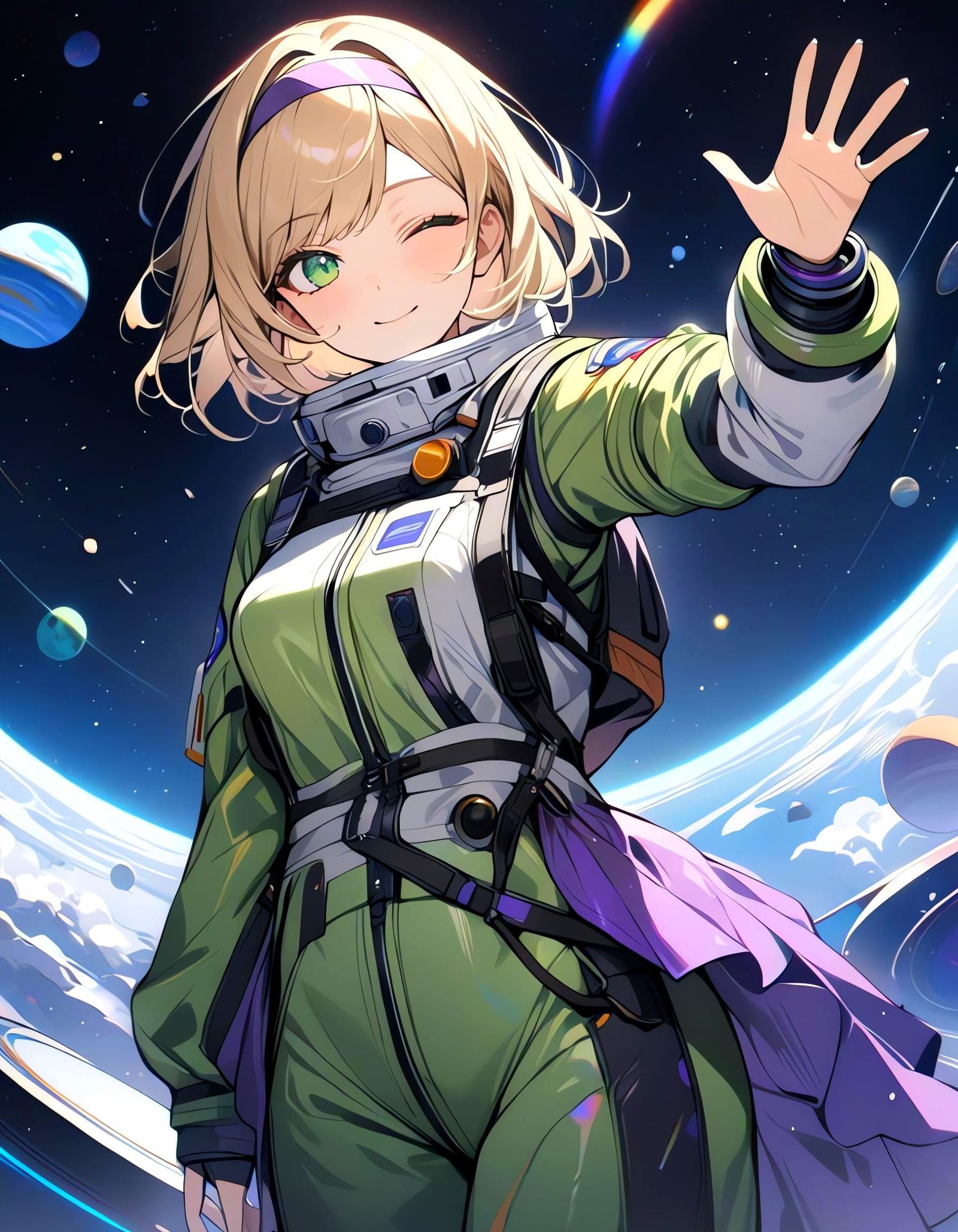Girl in Spacesuit Waving in Space