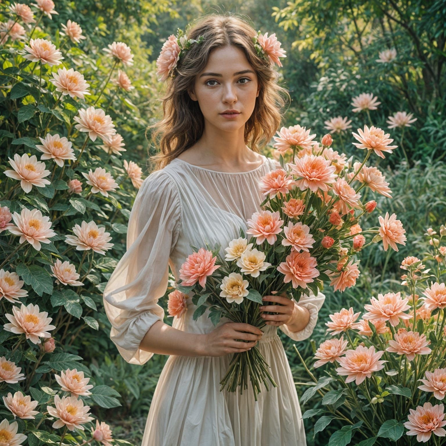Woman with Coral Bouquet in White Dress