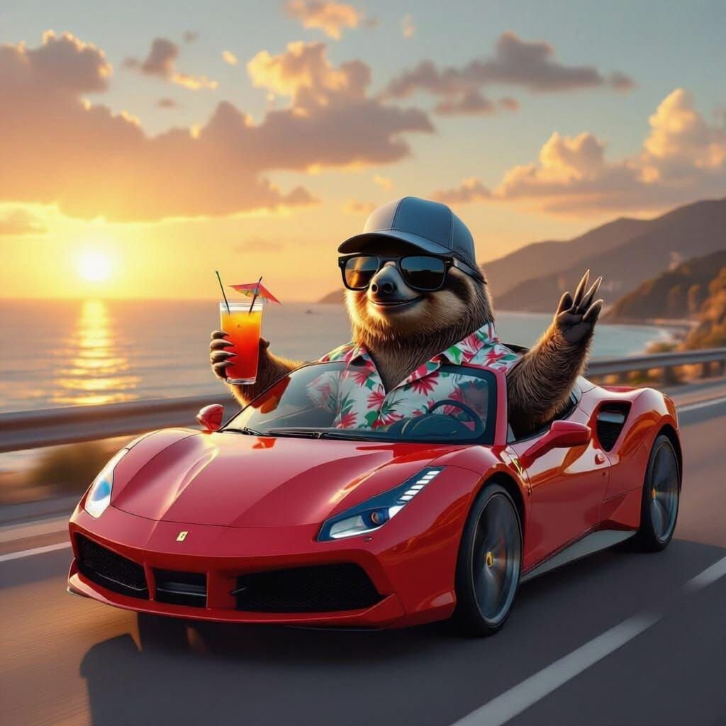 Sloth Drives Ferrari, Drinks Cocktail in Sunglasses