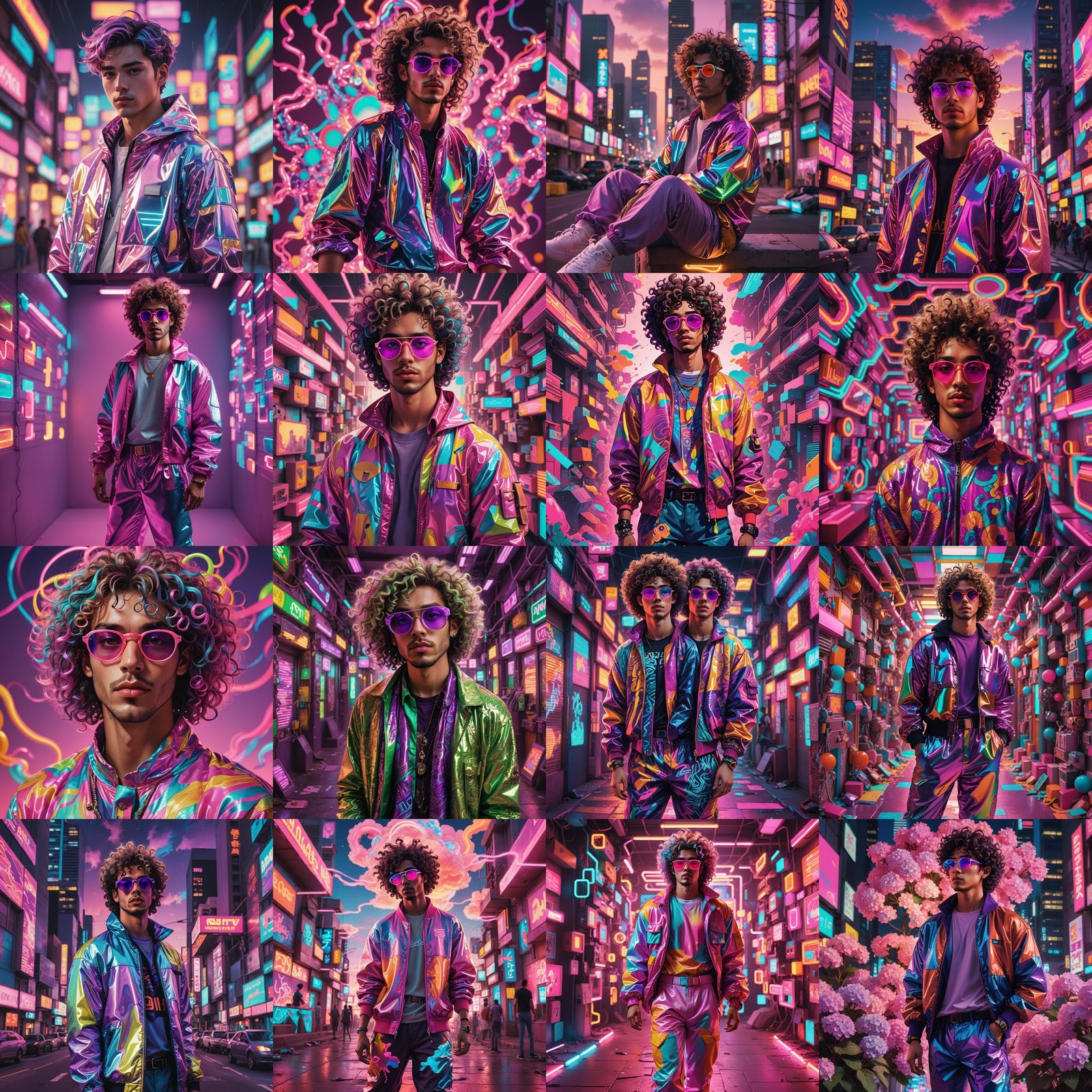 Vaporwave Portrait of a Young Man with Curly Hair