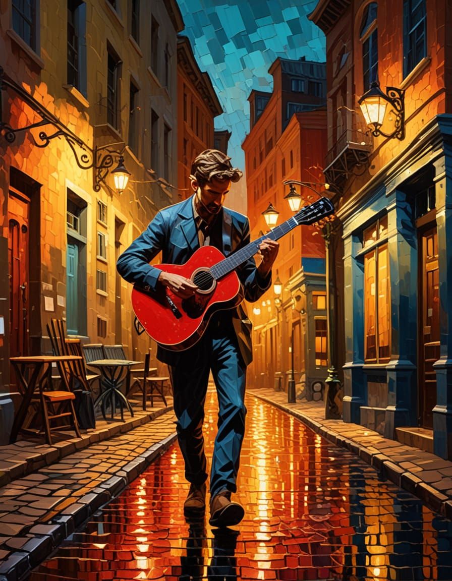 Boy Plays Guitar On Cobblestone Street Night