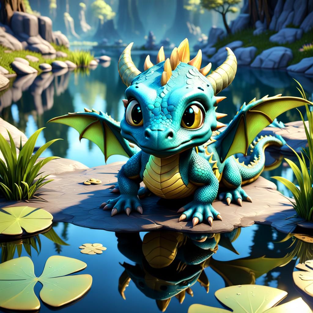 Pixar-Style 3D Baby Dragon in Fairy Tale Setting