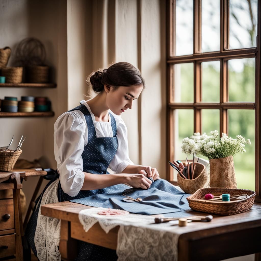 young lady sitting at a wooden table in front of a window do...