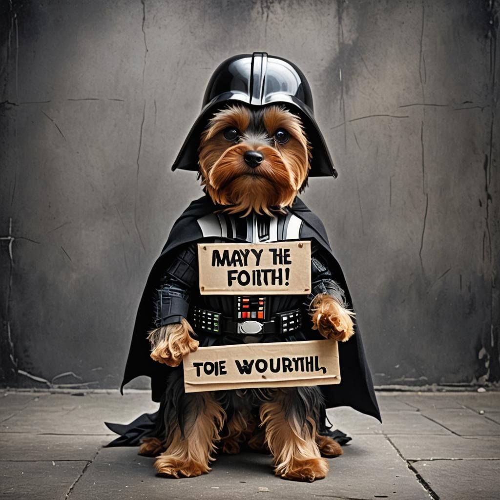 Yorkie Dressed as Darth Vader with Sign