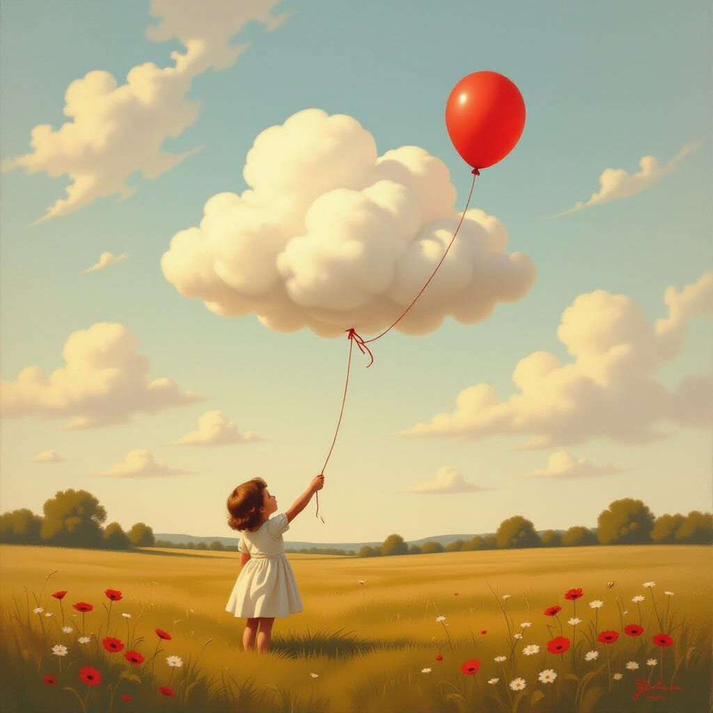 Weightless Cloud Tethered by Balloon String in Sunlit Meadow