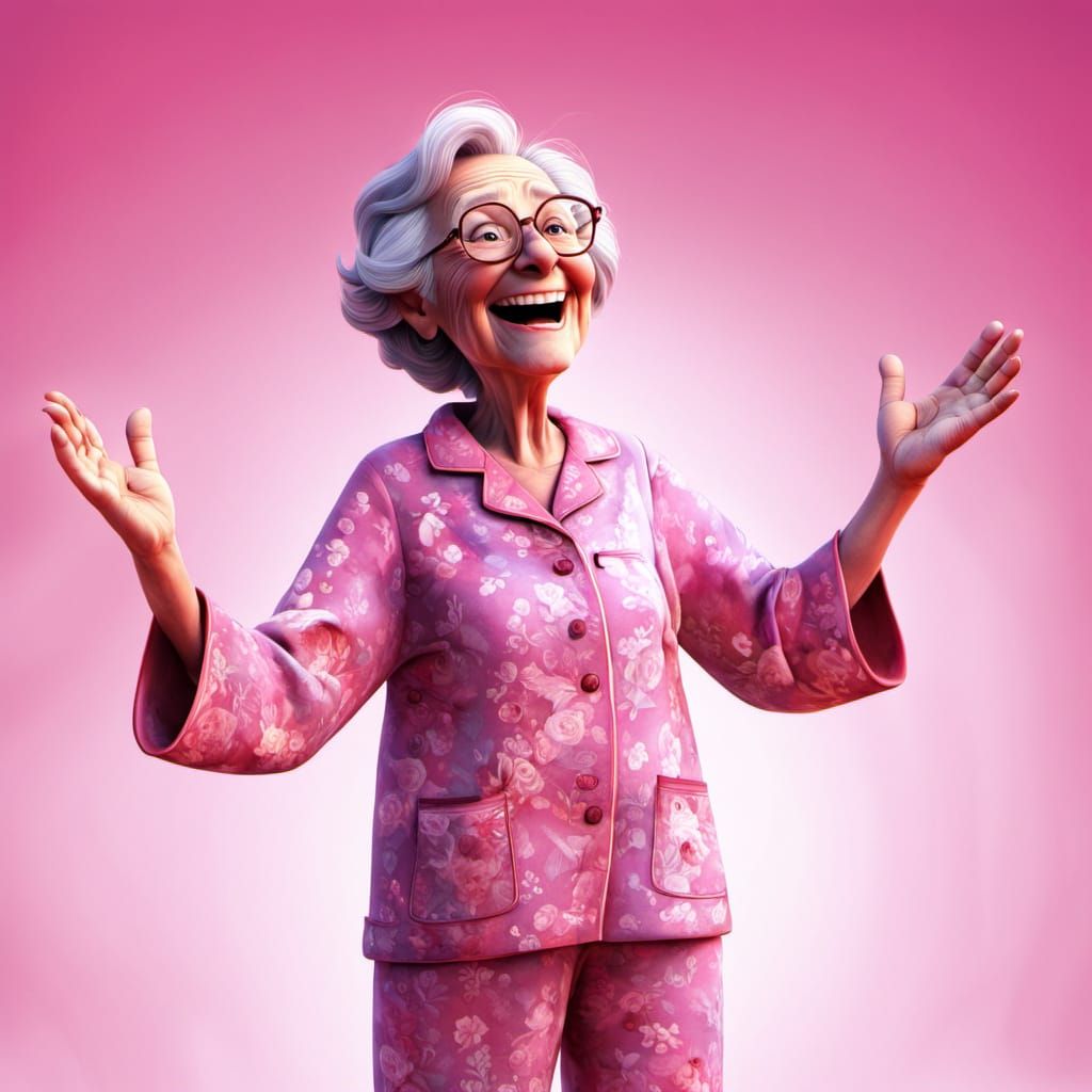 Sunny Elder Woman in Bright Pajamas Embracing with Open Arms