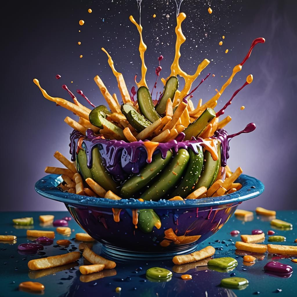Hyperrealistic Fries in Pickle Bowl Splash Art
