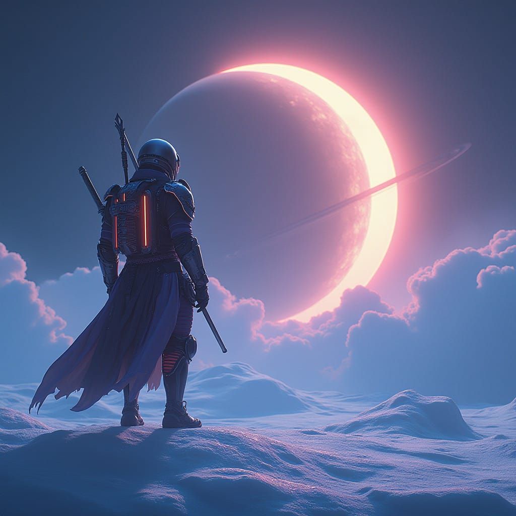 Heroic Space Samurai on Saturn's Icy Surface