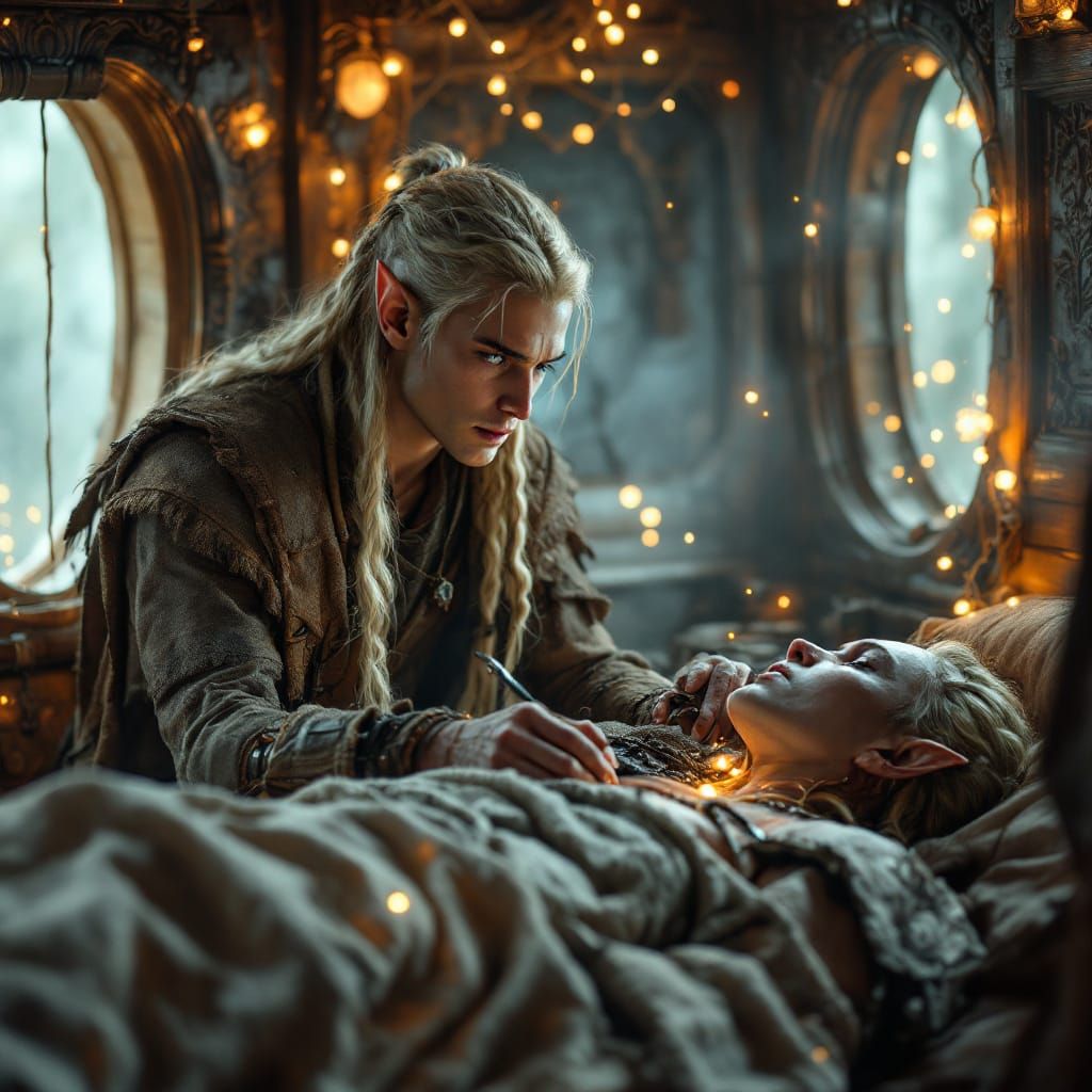 Elf Healer Tending Orc Wounds in Airship Cabin