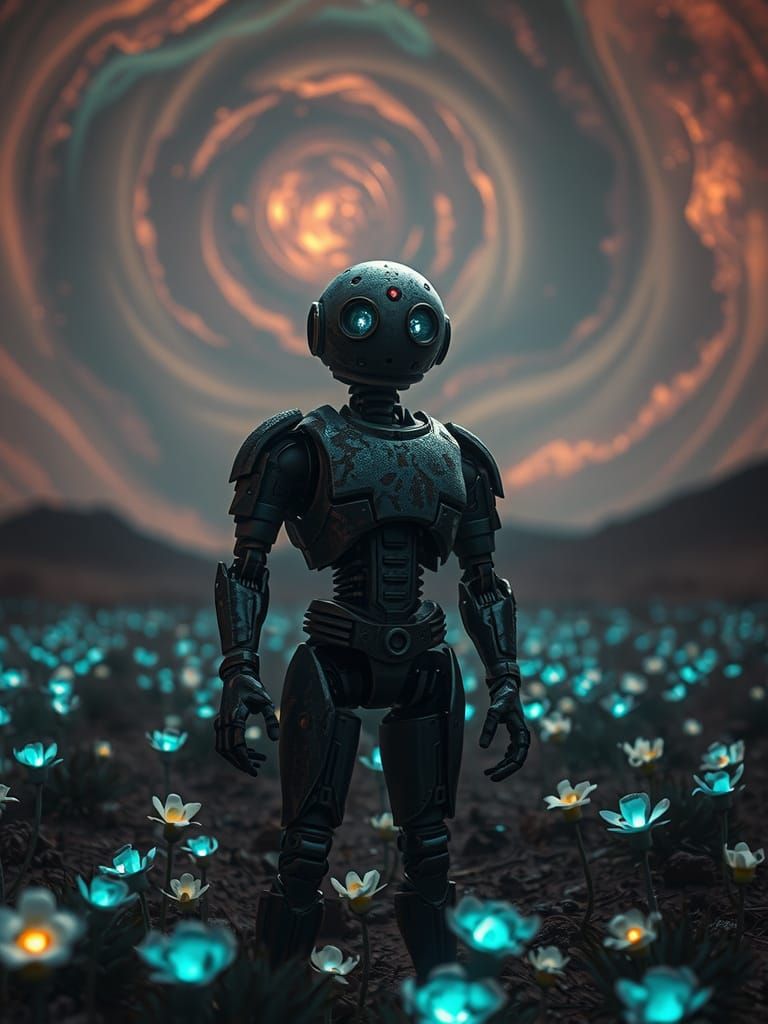 Lone Robot in Alien Flora Under Nebula Sky