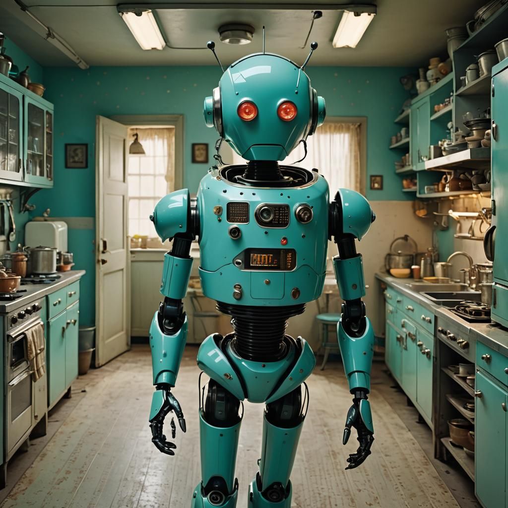 Retro Android in 1950s Kitchen, Cinematic Lighting