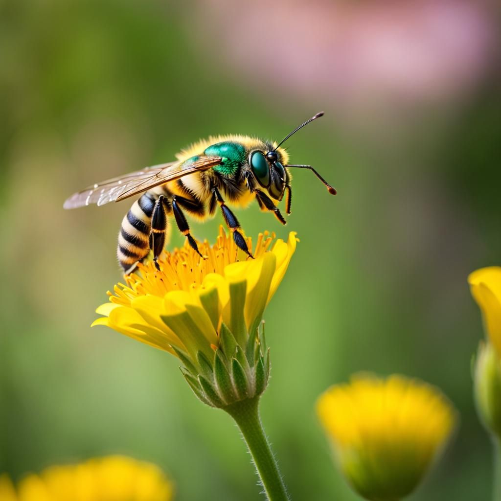 Emerald Bee on Yellow Flower: Macro Photography