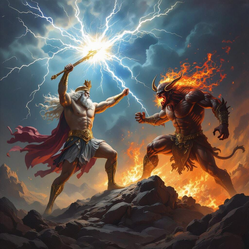 Zeus Battles Fire Demon on Mount Olympus