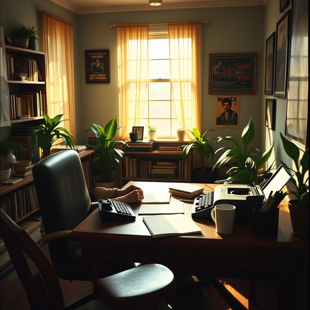 Cozy Screenwriter's Room in Cinematic Style