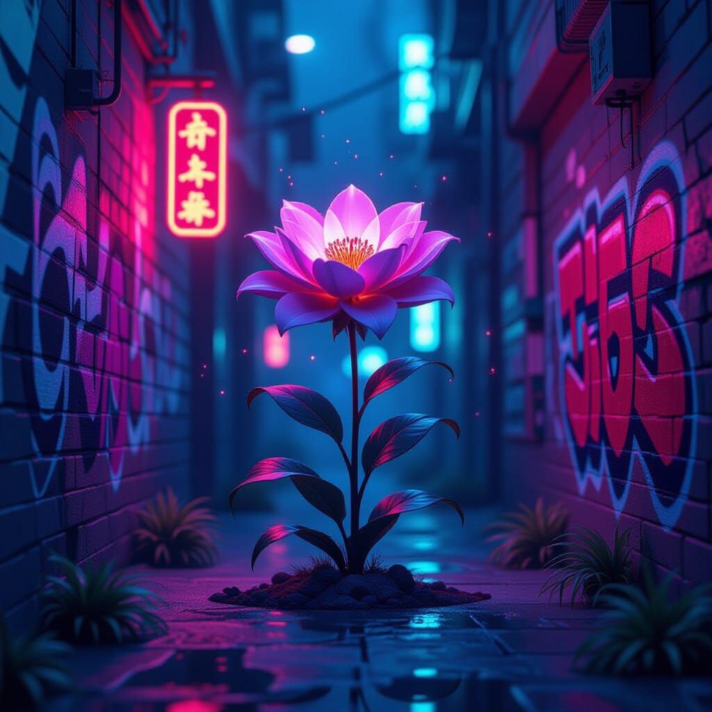 Neon Flower Radiating Energy in Dim Alleyway