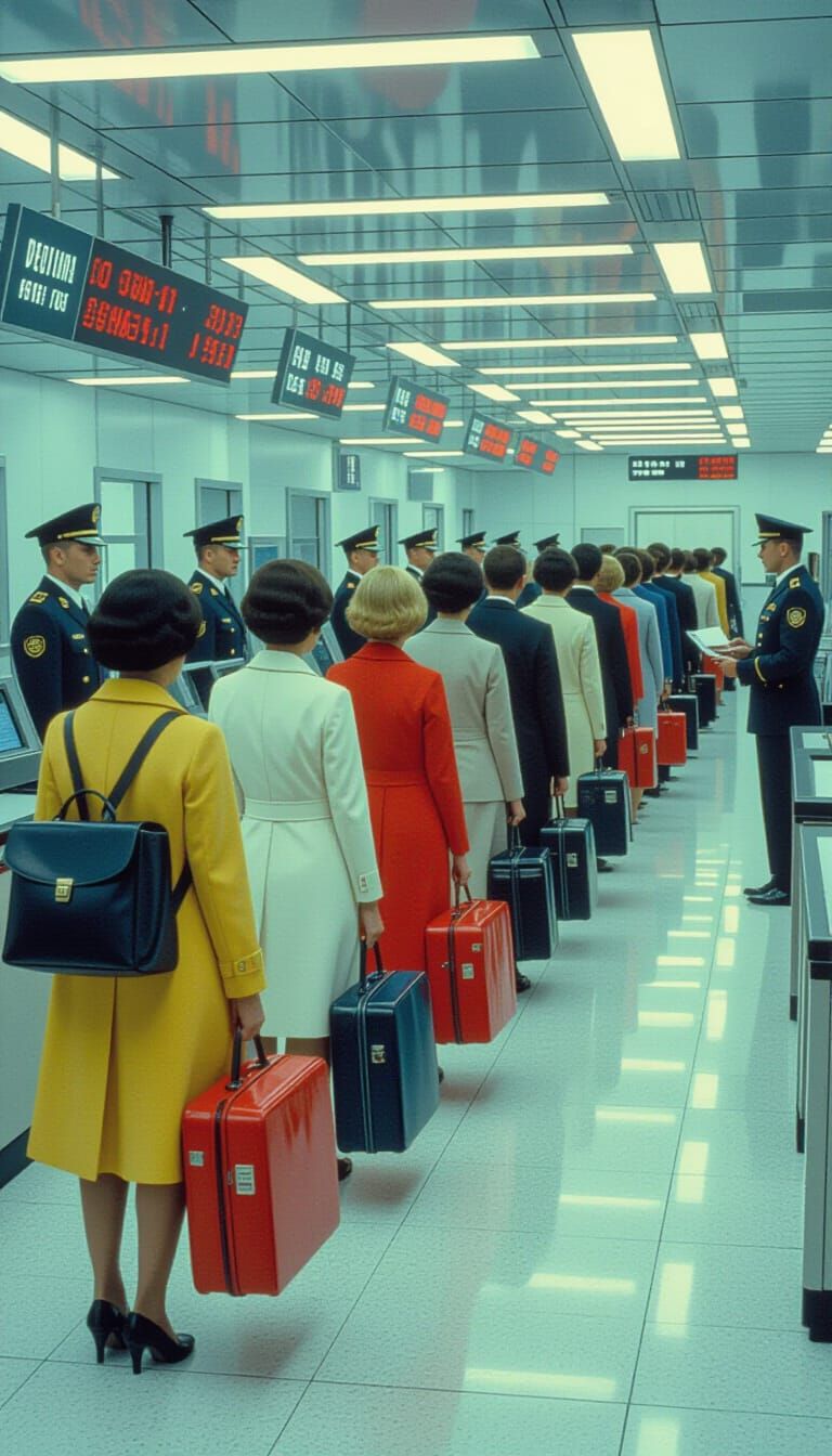 Futuristic Airport Customs Line Inspired by Digital Art
