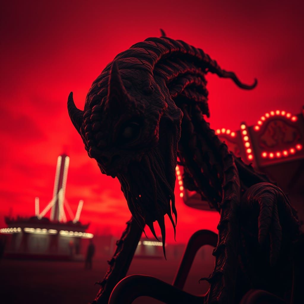 Cursed Carnival Cryptid in Crimson Shadows