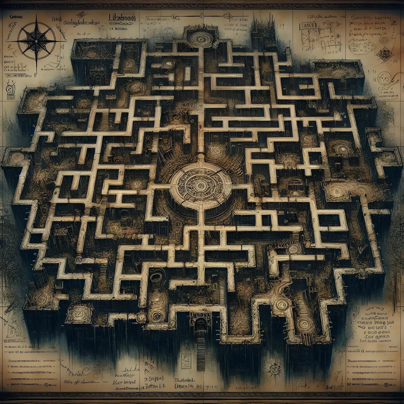 A detailed occult map of a Lovecraftian labyrinth with notes and stains.