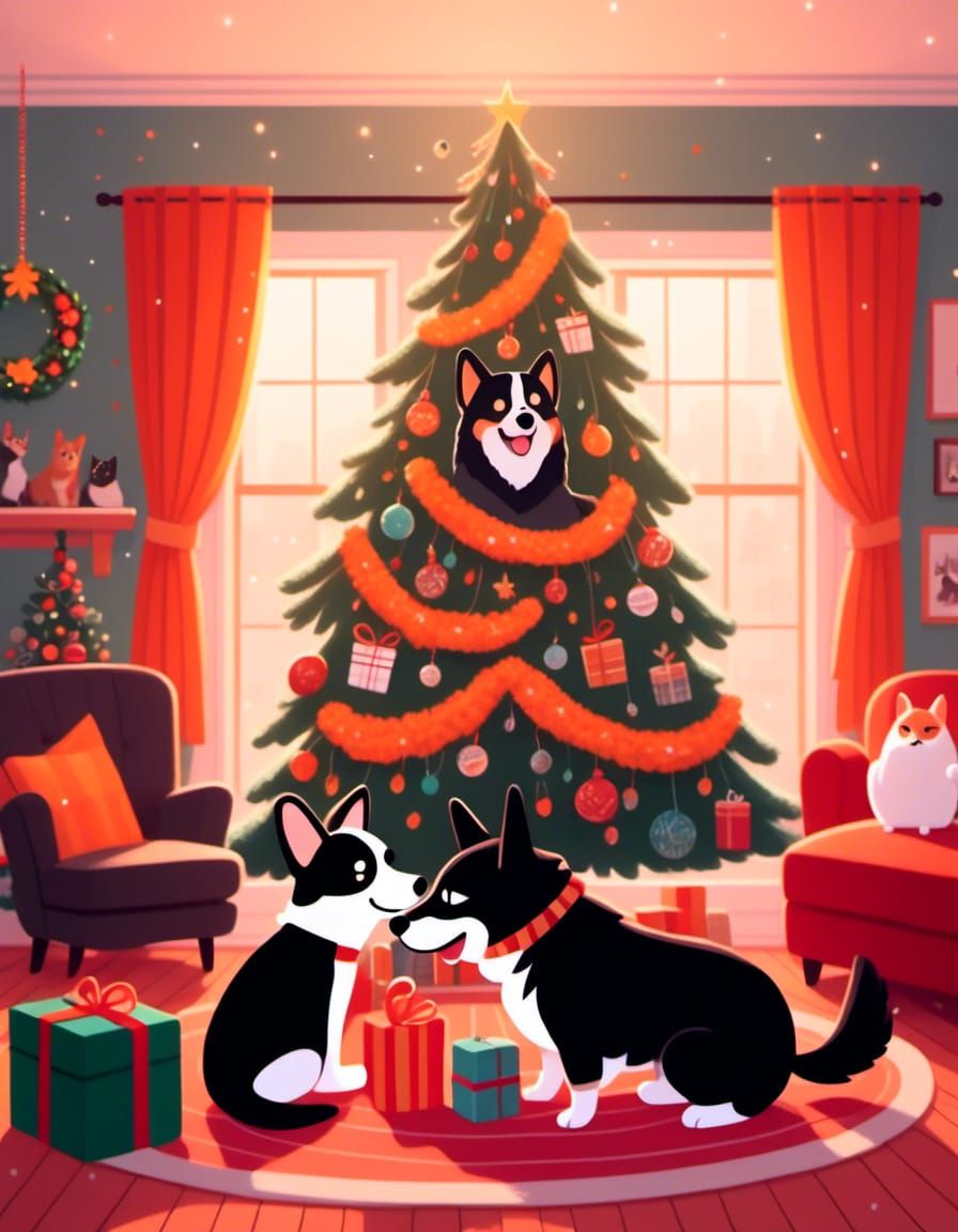 Holiday Scene with Dogs and Cat Exchanging Gifts