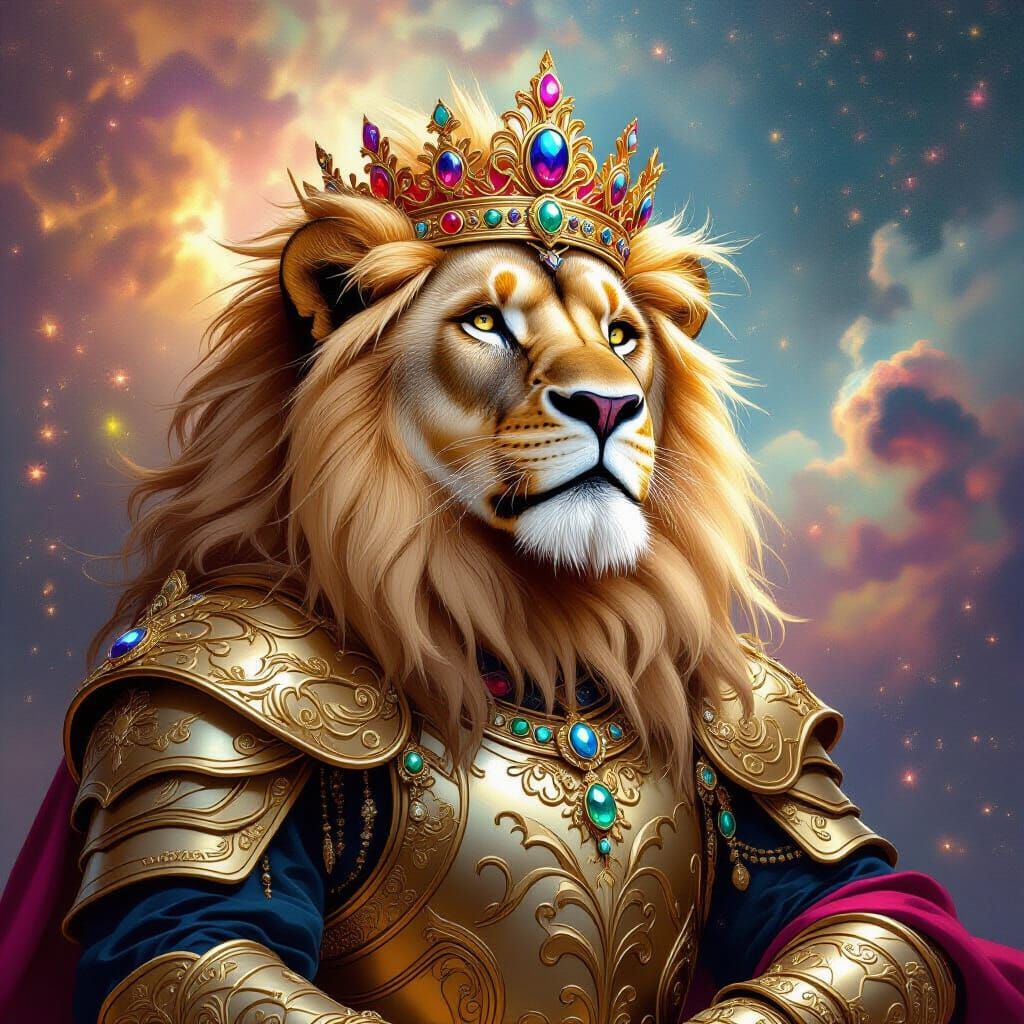 Lion King in Ornate Armor with Nebula Backdrop