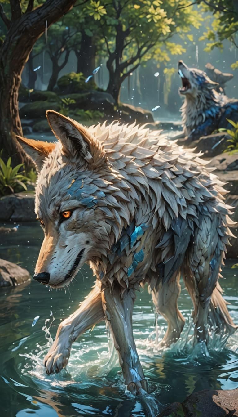 Detailed 3D Anime Water Wolf Inspired by WLOP