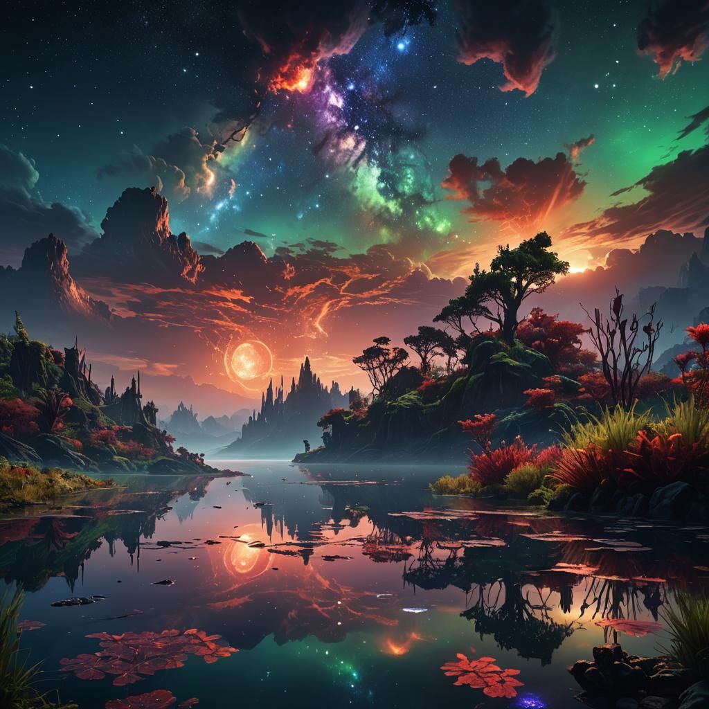 Lake Reflects Night Clouds on Alien Planet