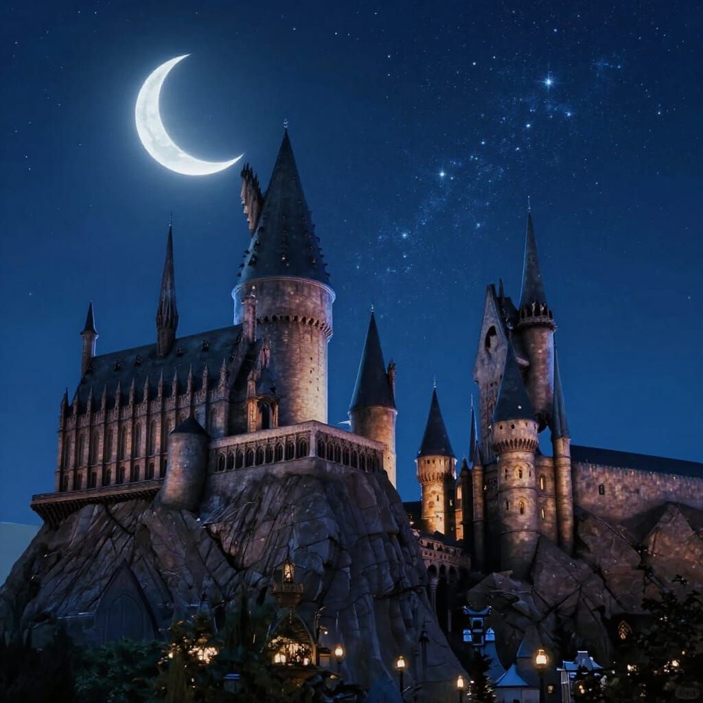 Hogwarts Castle Under a Starry Night Sky