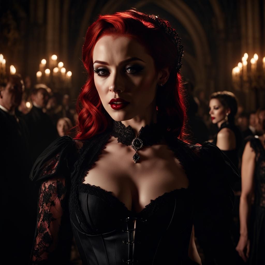 Redhead Vampire Dancing at Gothic Castle Party