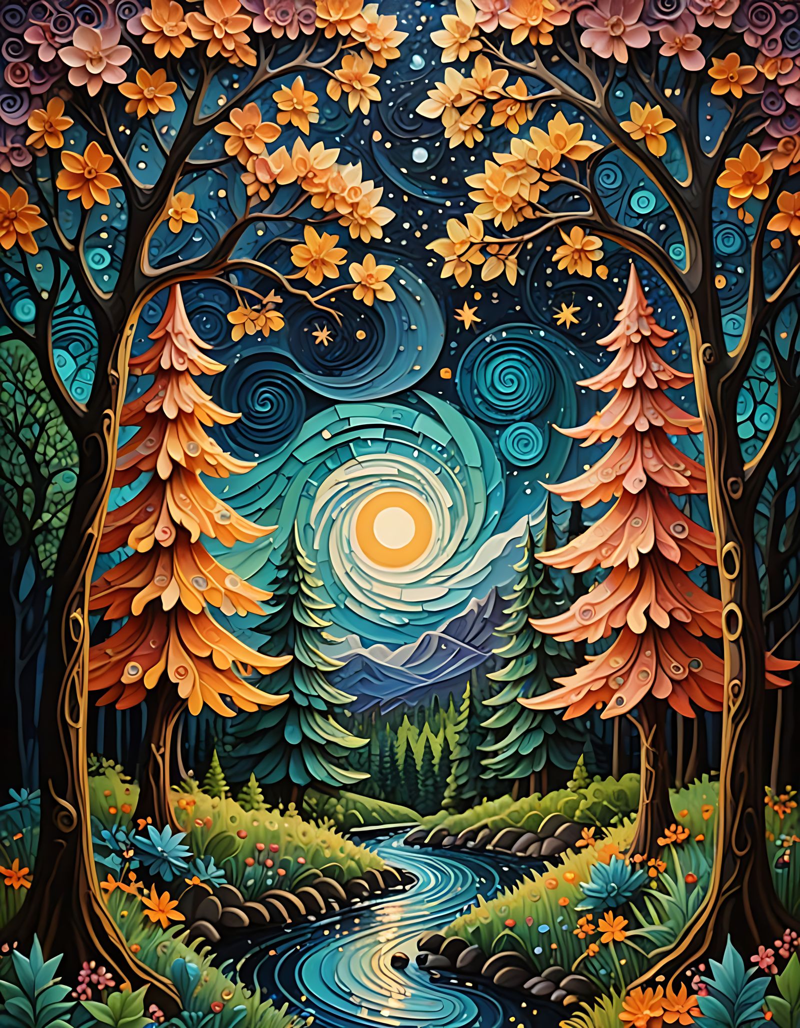 Whimsical Forest Dreams in Vibrant, Chaotic Colors