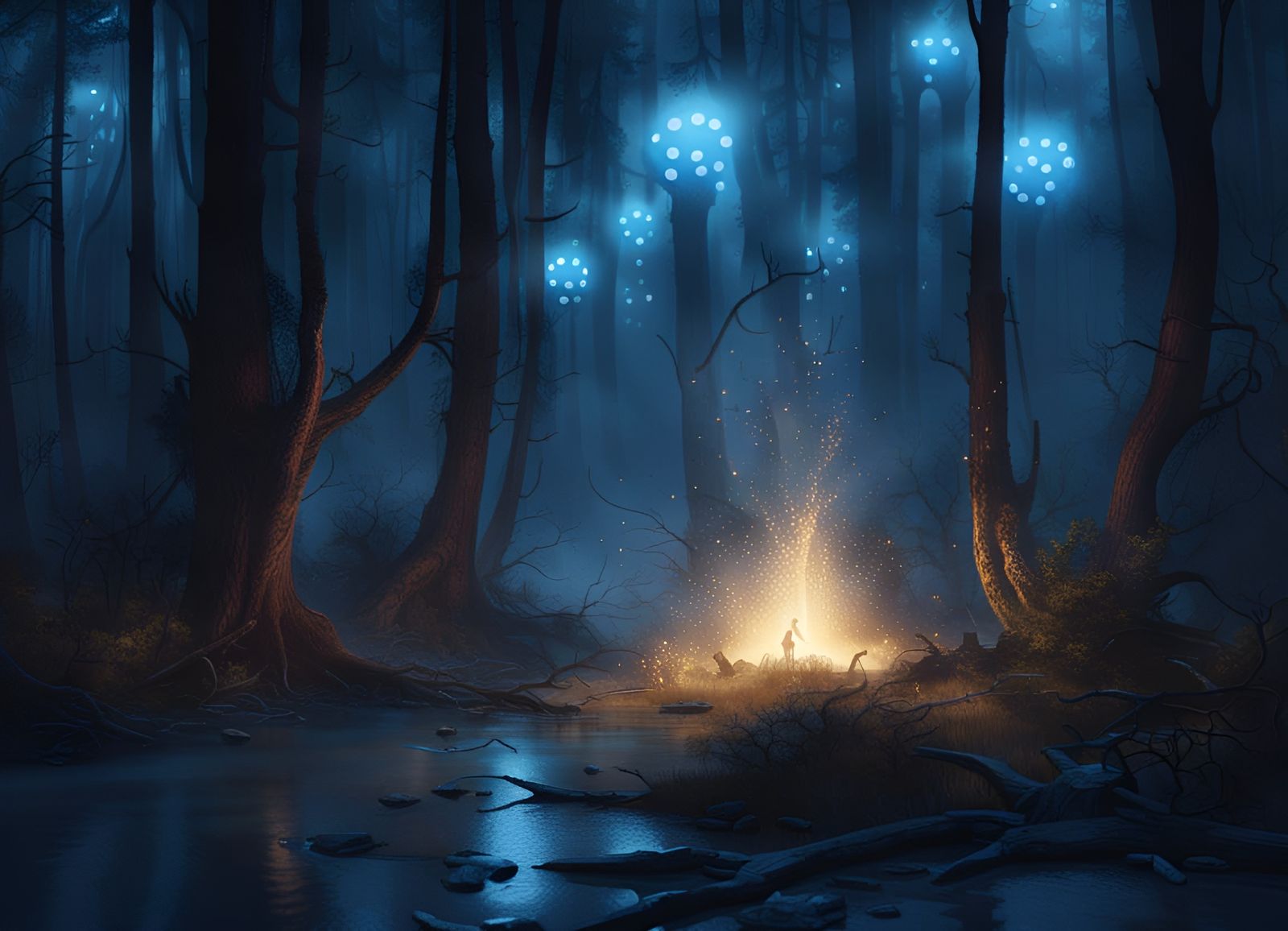 Ethereal Flames Over Swamp in Tin-Glazed Pottery Style