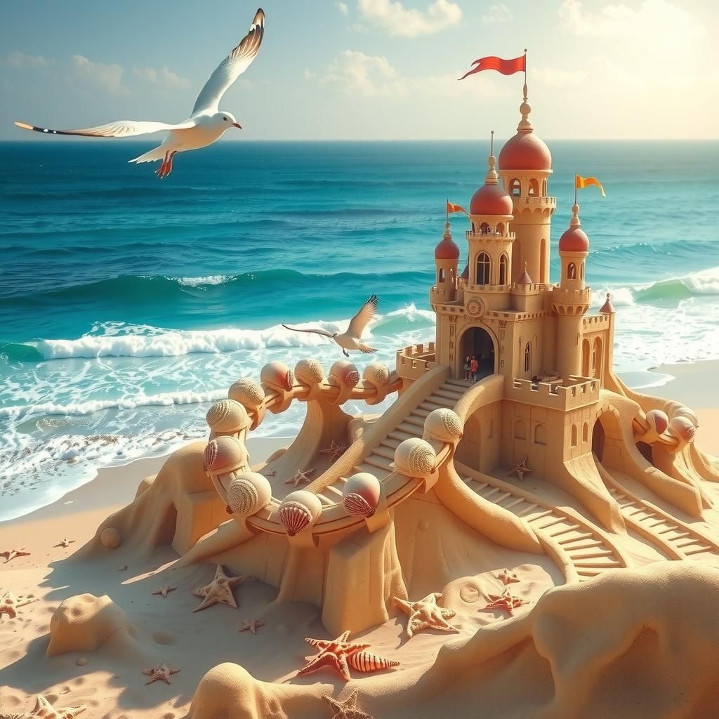 Sandcastle Rollercoaster on the Beach in Whimsical Style