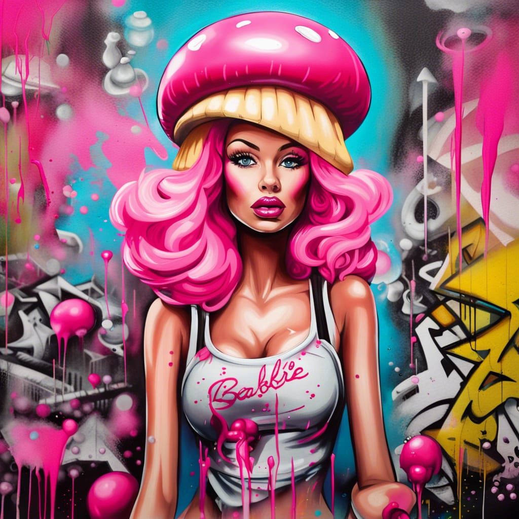 Pink Nuclear Barbie in Devastated Paris: Graffiti Art